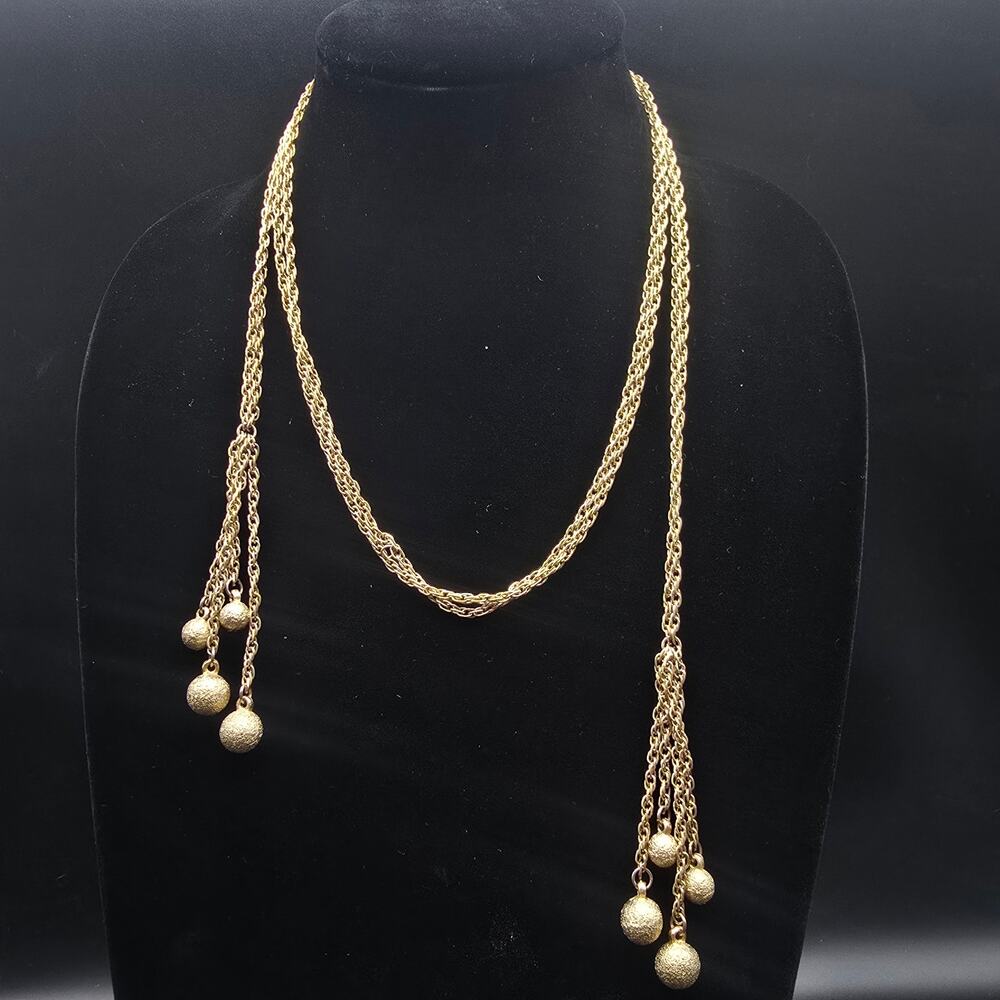 Gold Tone Lariat Chain Necklace Vintage Ball Tassels Vintage Costume